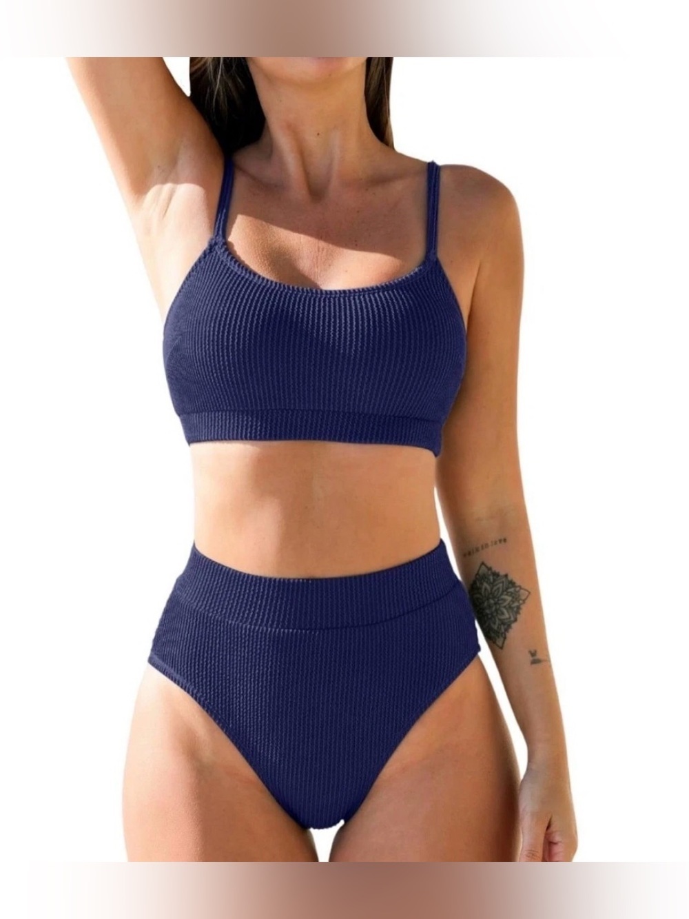 New Navy Blue CupShe Ribbed Highwaisted Bikini Set. Medium